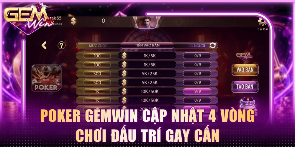 Poker Gemwin cập nhật 4 vòng chơi đấu trí gay cấn