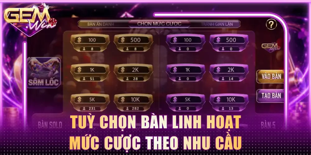 Tuỳ chọn bàn linh hoạt mức cược theo nhu cầu