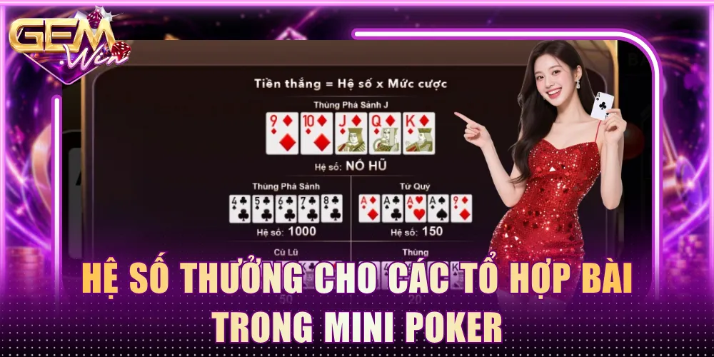 Hệ số thưởng cho các tổ hợp bài trong Mini Poker